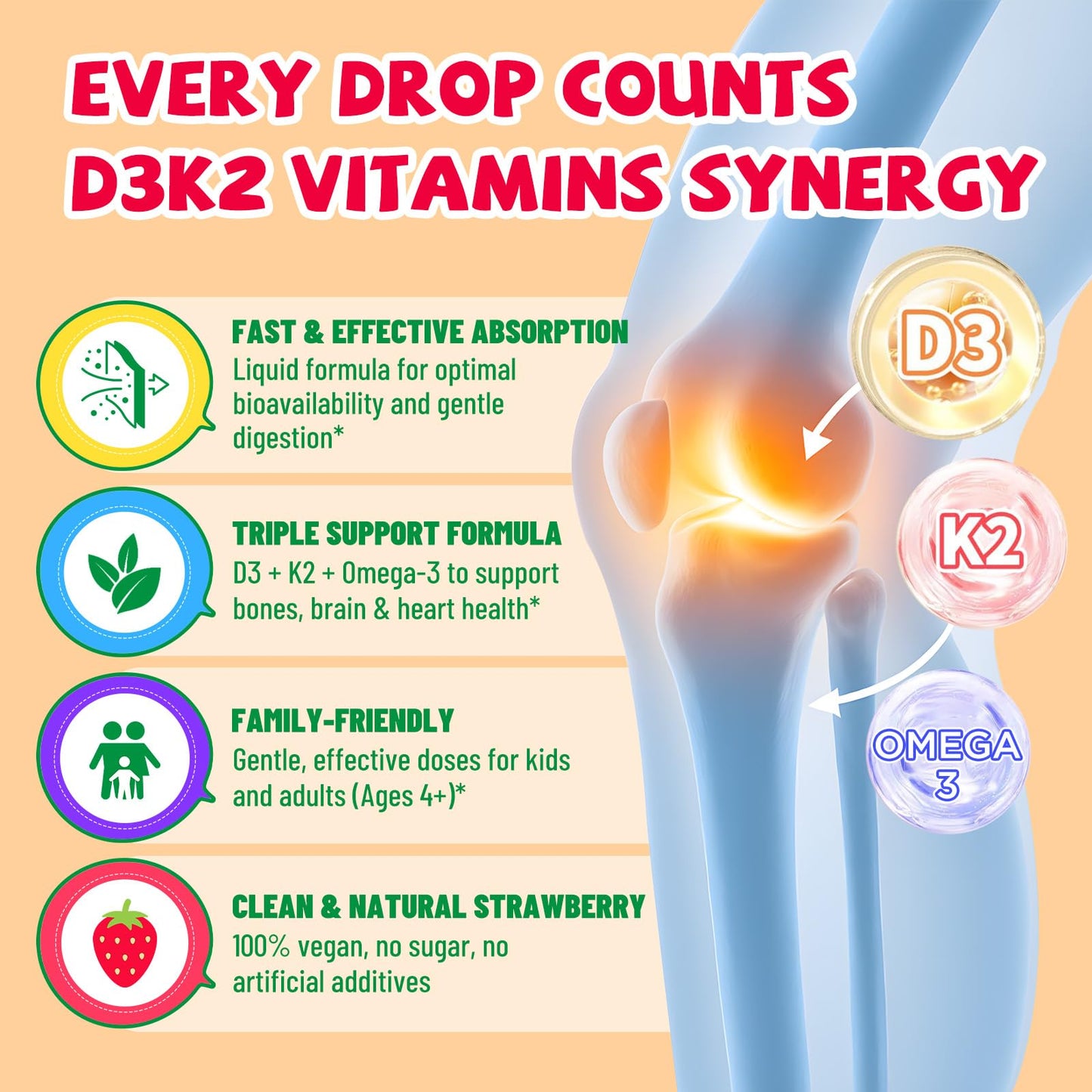 Gotas vitaminas D3 K2 fáciles de tomar para niños