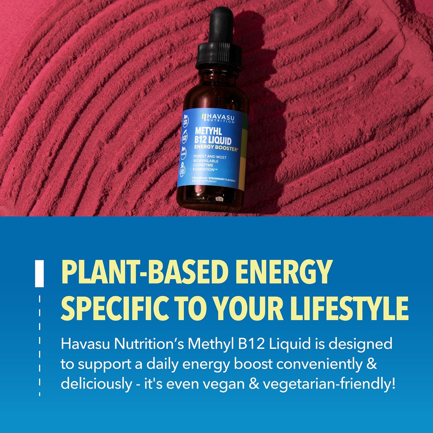 Gotero y frasco vitamina b12 orgánica vegan sabor fresa HAVASU NUTRITION
