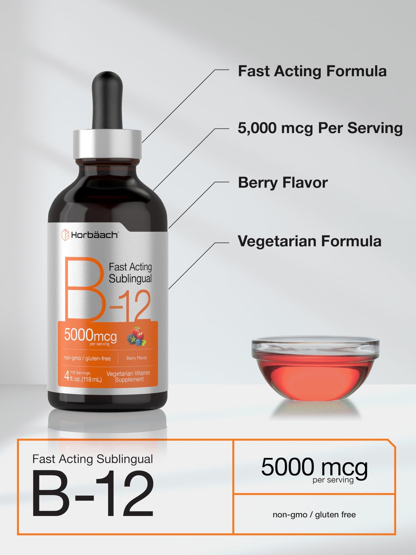 Gotero para vitamina B-12 líquida Horbaach sabor berry
