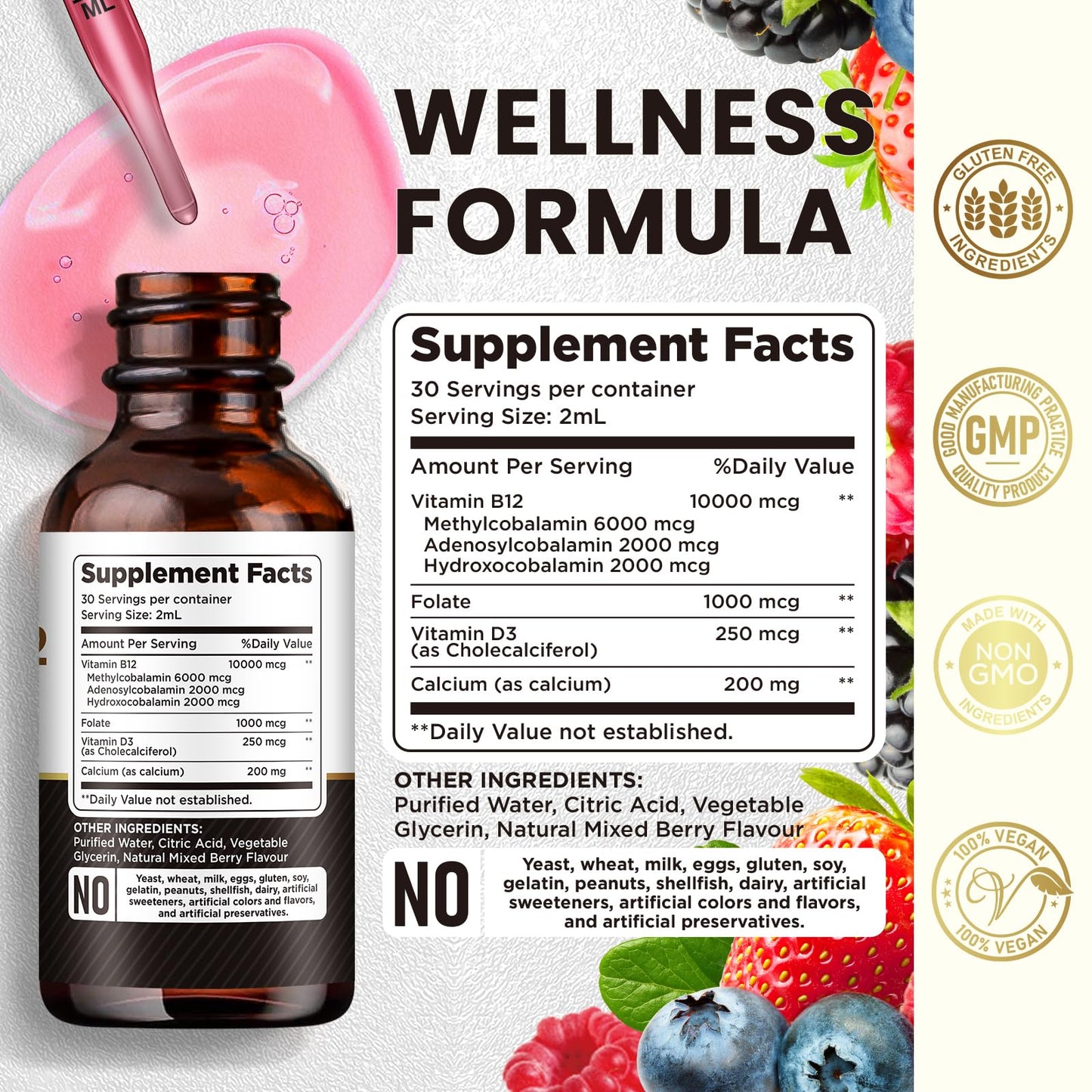 Gotero para vitamina b12 líquida tríple de sabor frutas del bosque