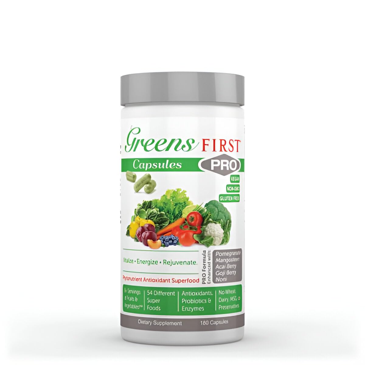 Greens First PRO frasco frente con etiqueta de 54 superalimentos antioxidantes