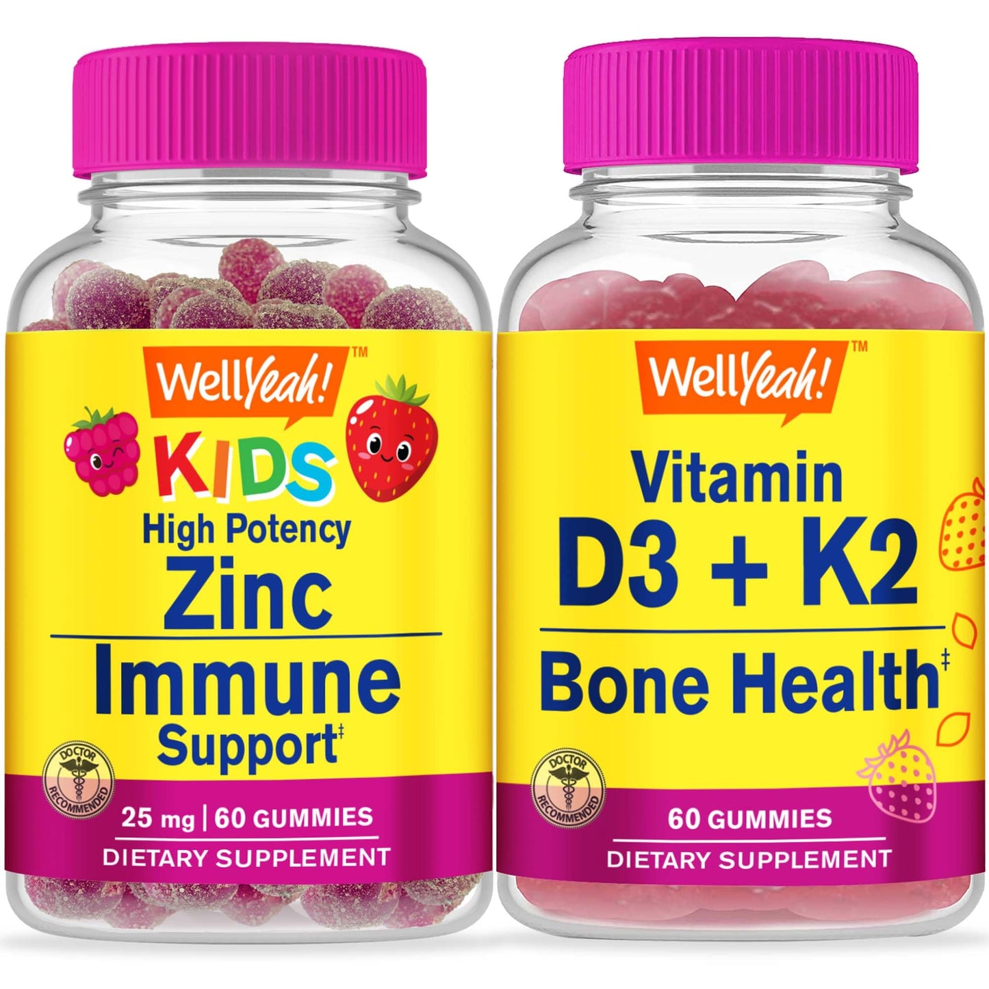 Gummies masticables WellYeah zinc con vitaminas D3 y K2 para niños