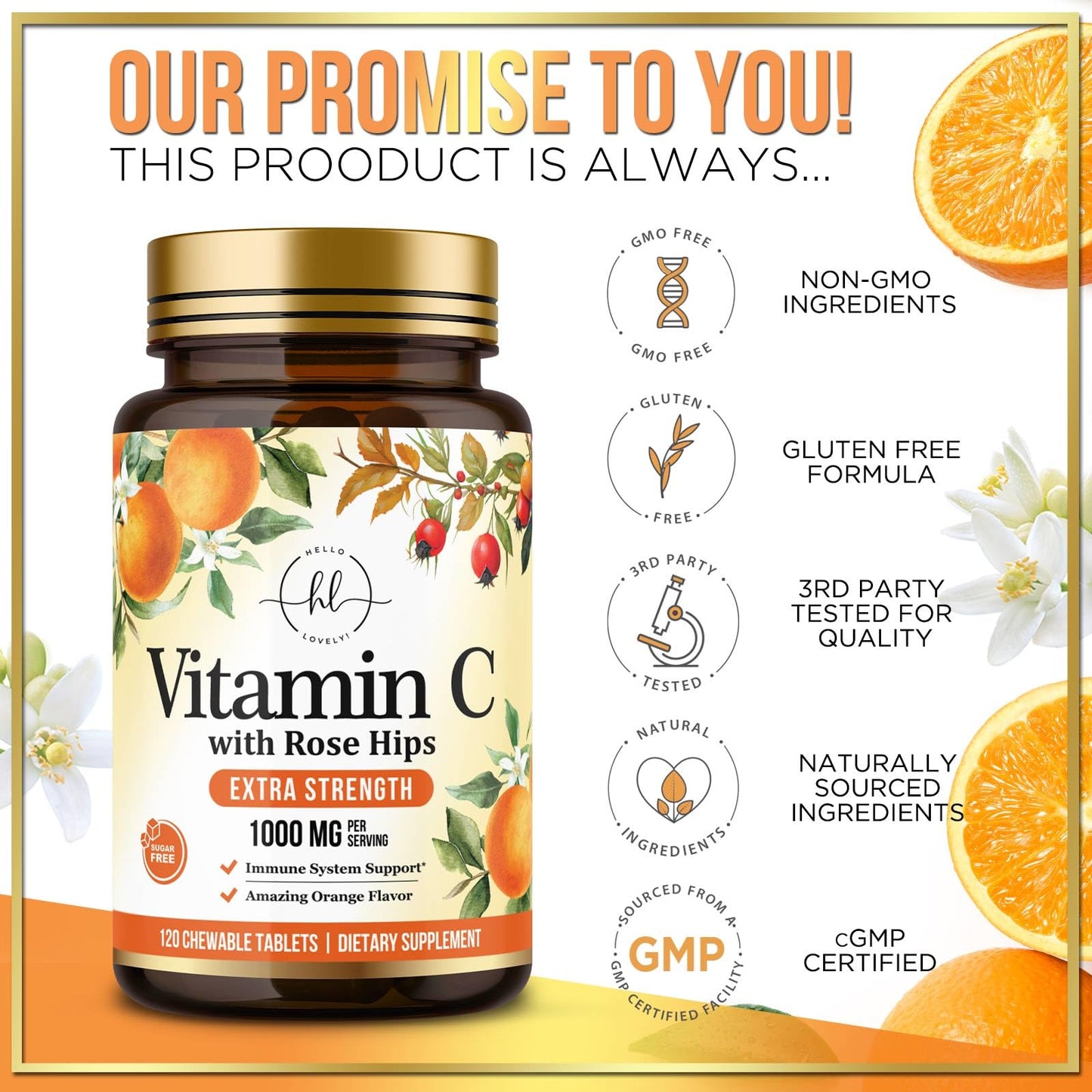 Vista lateral frasco Hello Lovely! Vitamina C 1000 mg