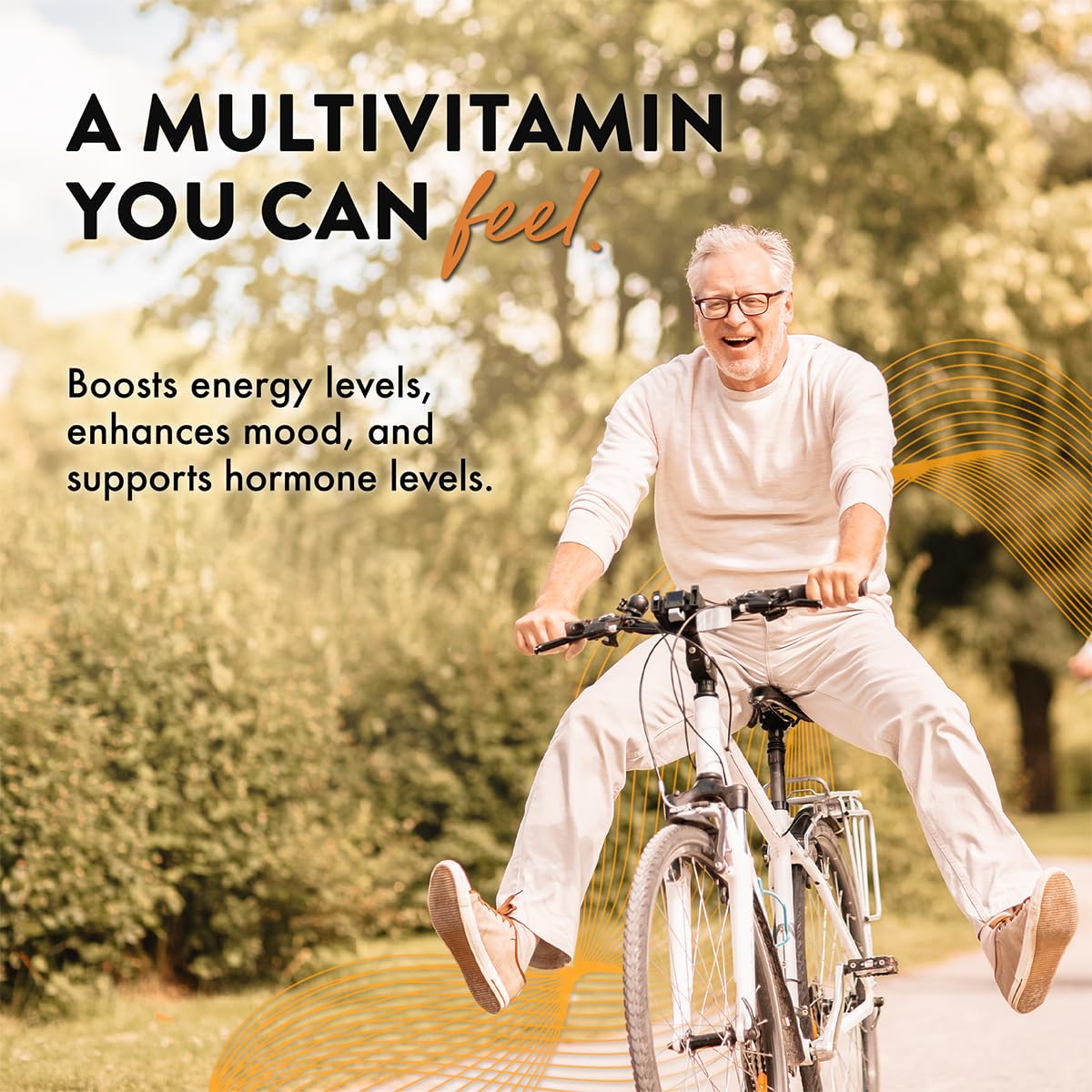 Hombre en bicicleta representando salud con Mt. Angel Vitamins