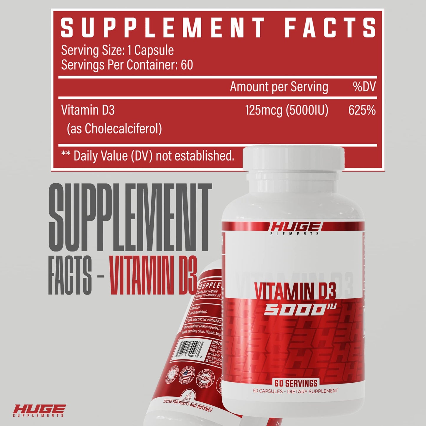 Caja suplemento vitamina D3 Huge Supplements 60 cápsulas