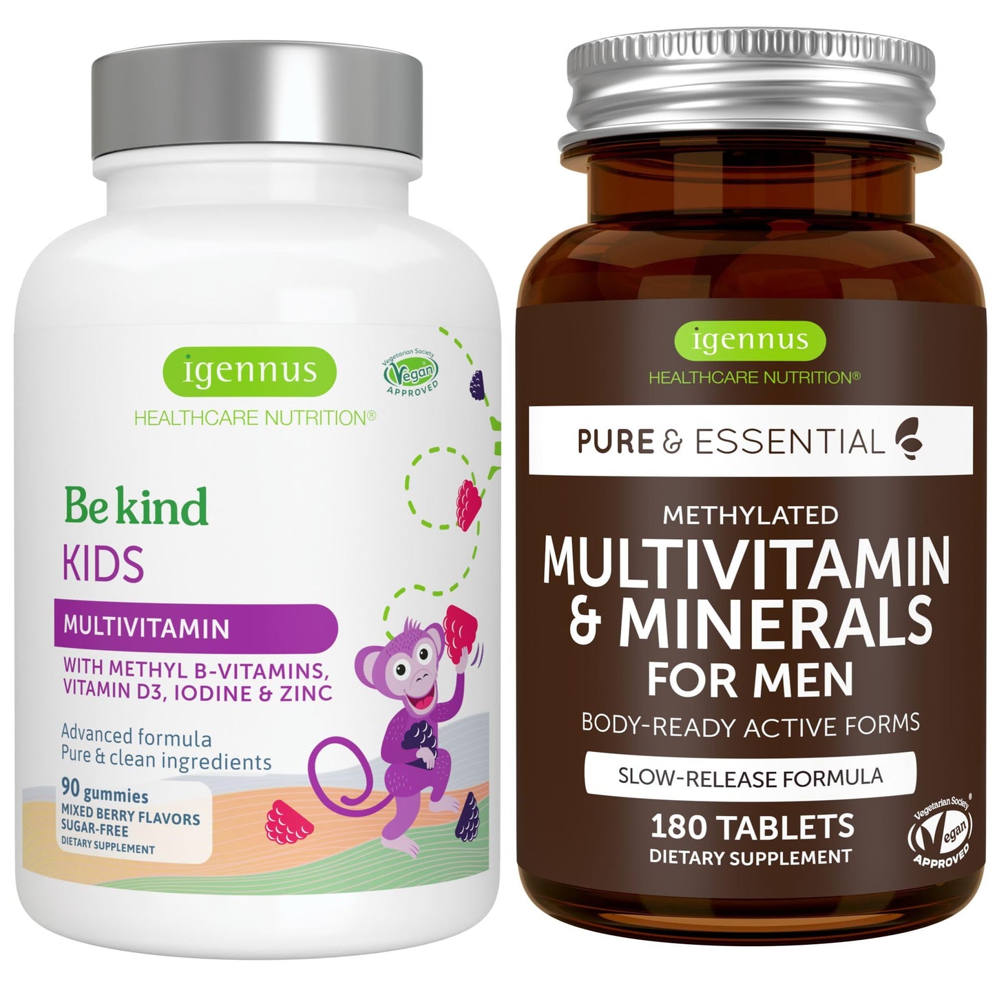 Botellas de gomitas multivitamínicas para niños y hombres por Igennus.