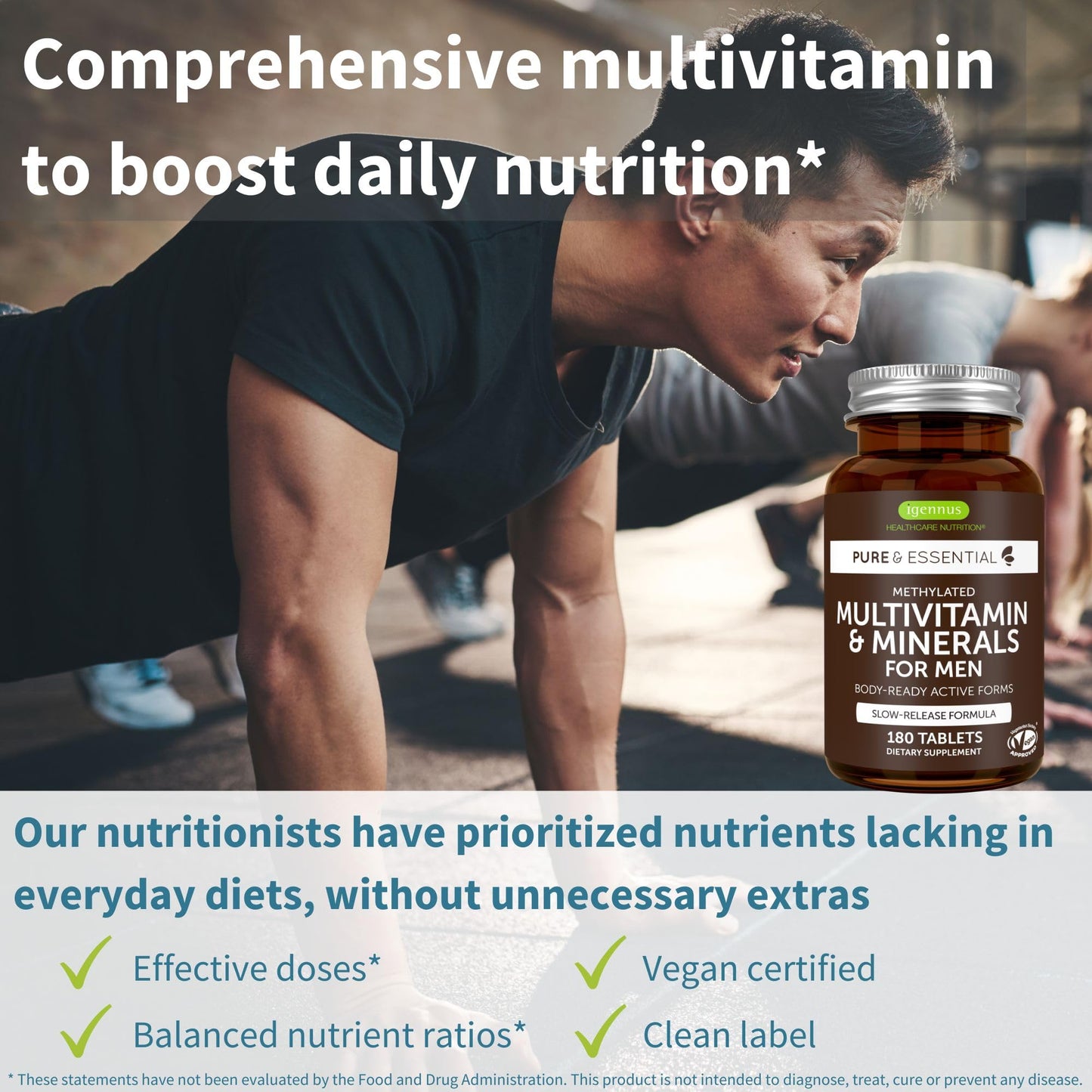 Hombre ejercitándose con Igennus Multivitamínico para Hombres.