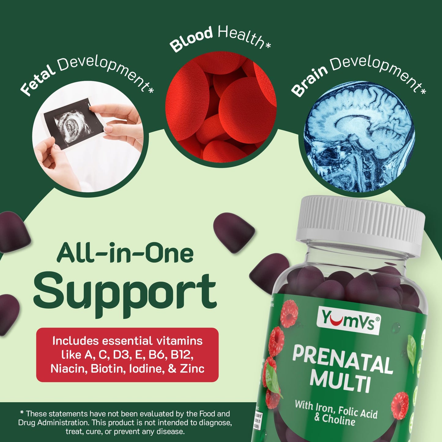 Imagen lateral botellas gomitas prenatales YumVs para mujeres