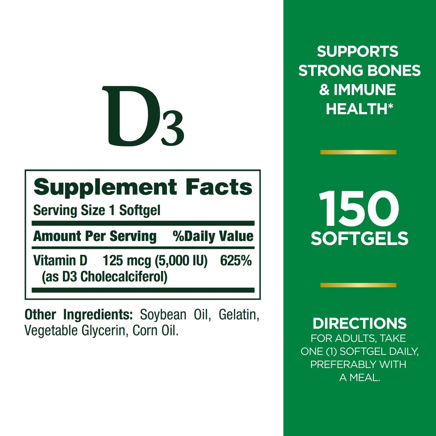 Imagen lateral frasco Vitamina D3 Nature's Bounty 150 cápsulas
