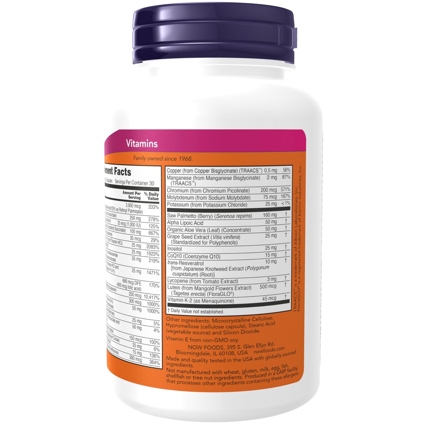 Información nutricional del multivitamínico NOW Foods ADAM