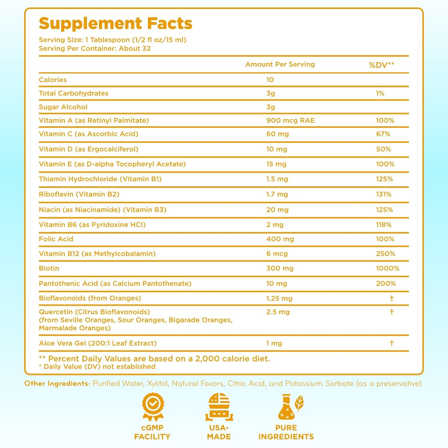 Información complementaria de multivitaminas líquidas para niños
