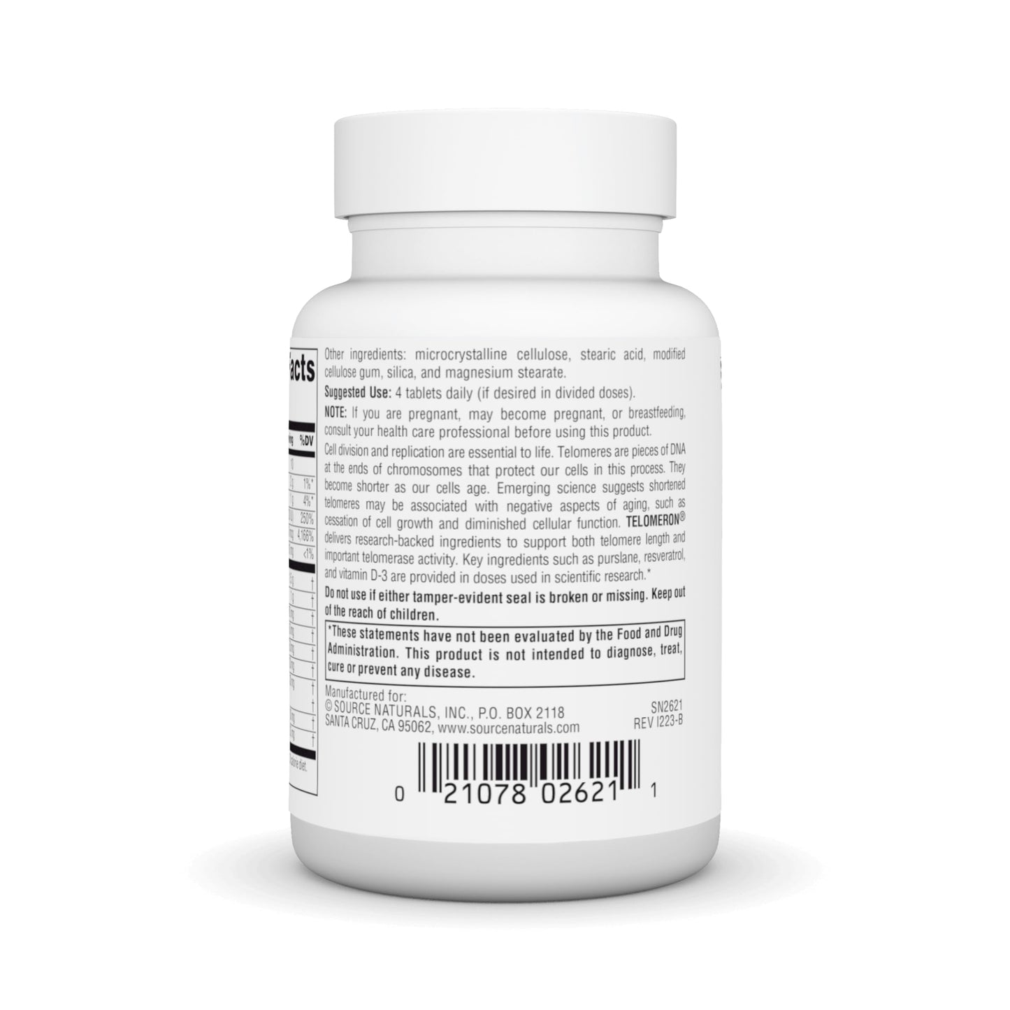 Información nutricional y advertencias del Telomeron de Source Naturals
