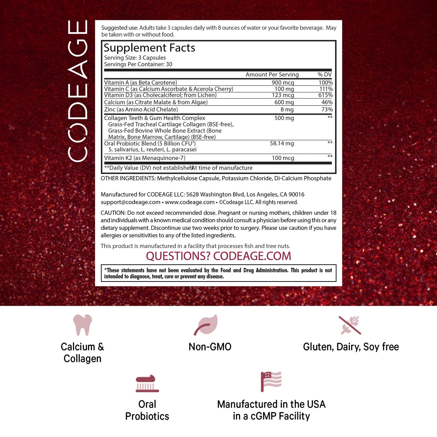 Información nutricional y tabla de ingredientes de las vitaminas Codeage para dientes y encías.