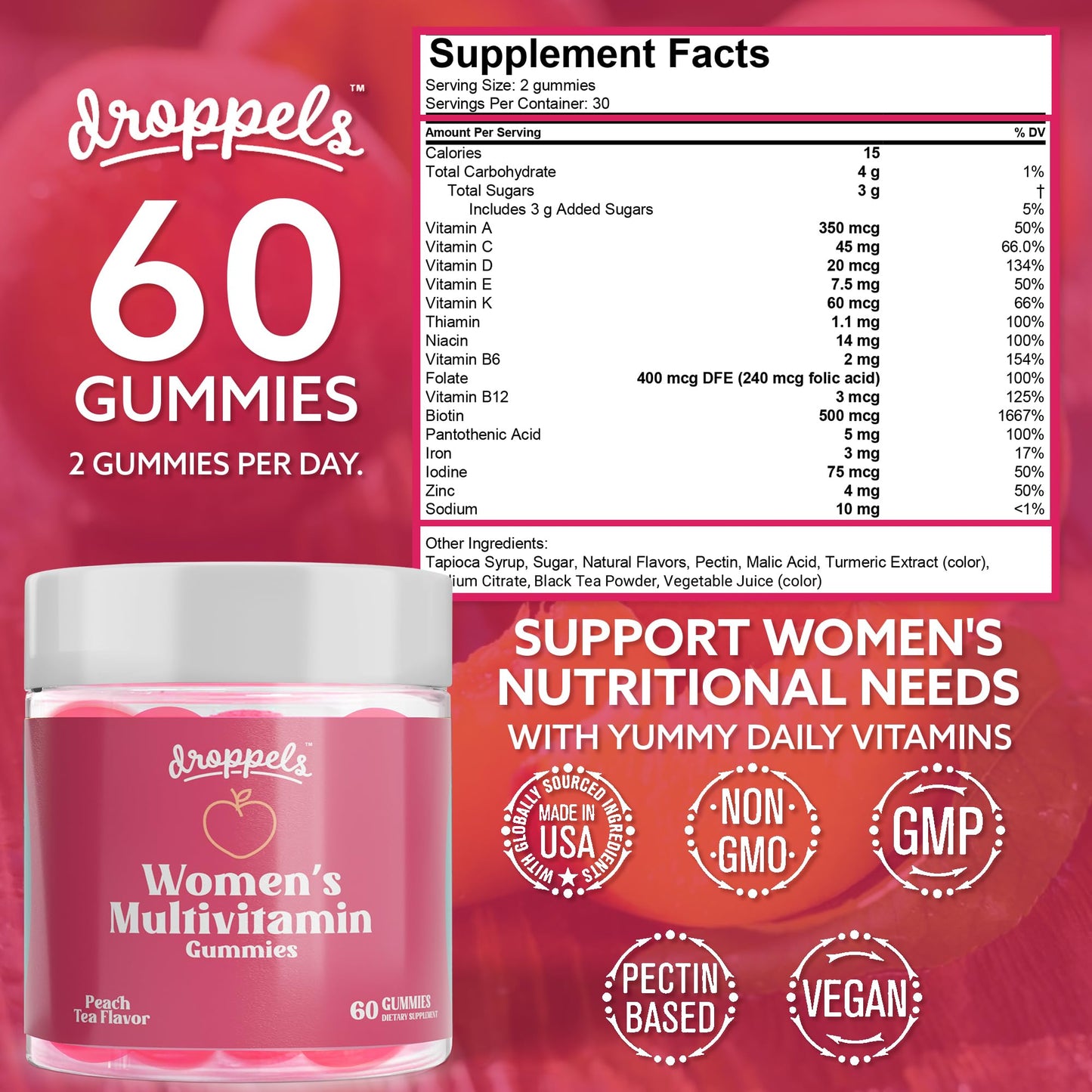 Informacion nutricional de las gomitas multivitamínicas Droppels