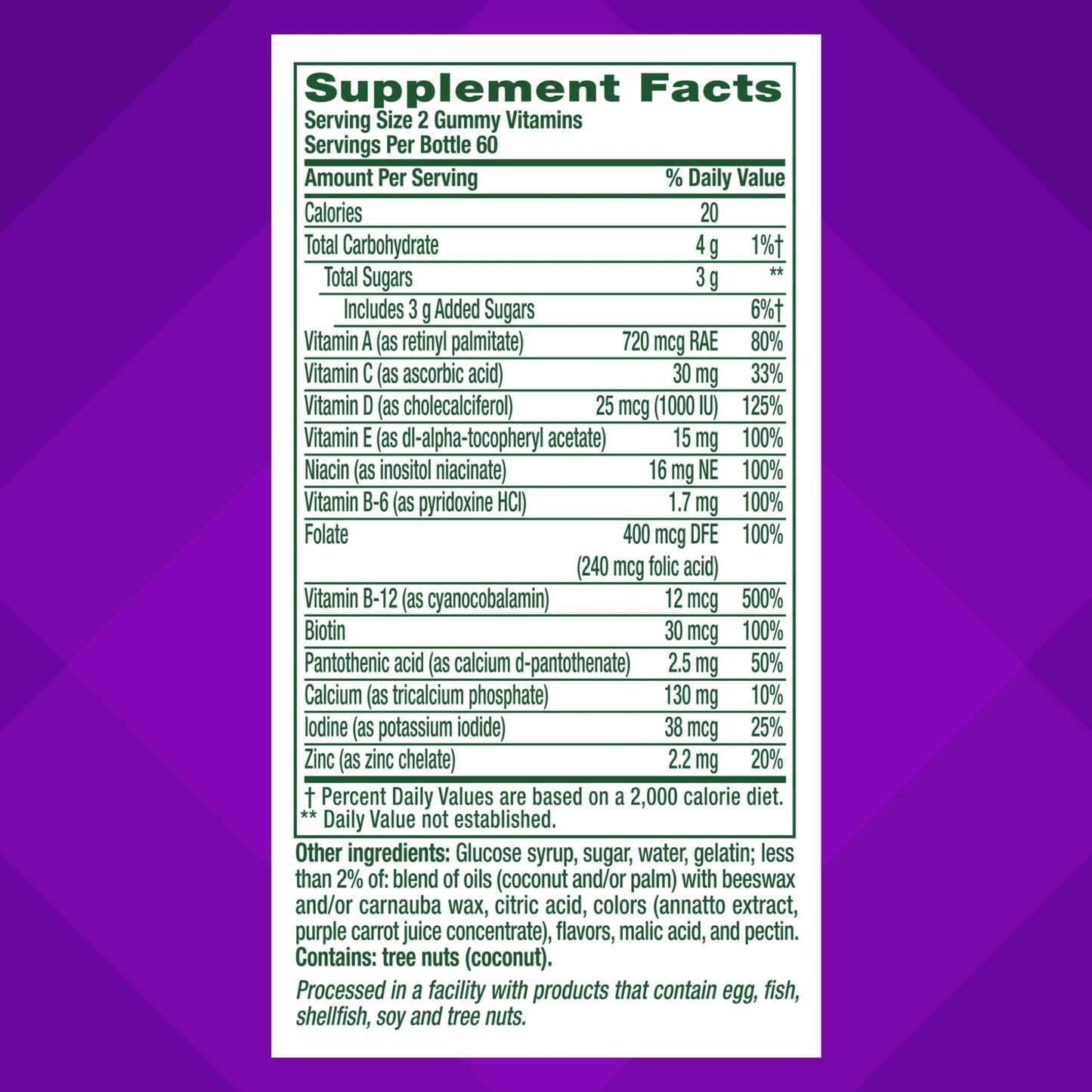 Información nutricional de las gomitas multivitamínicas Vitafusion.