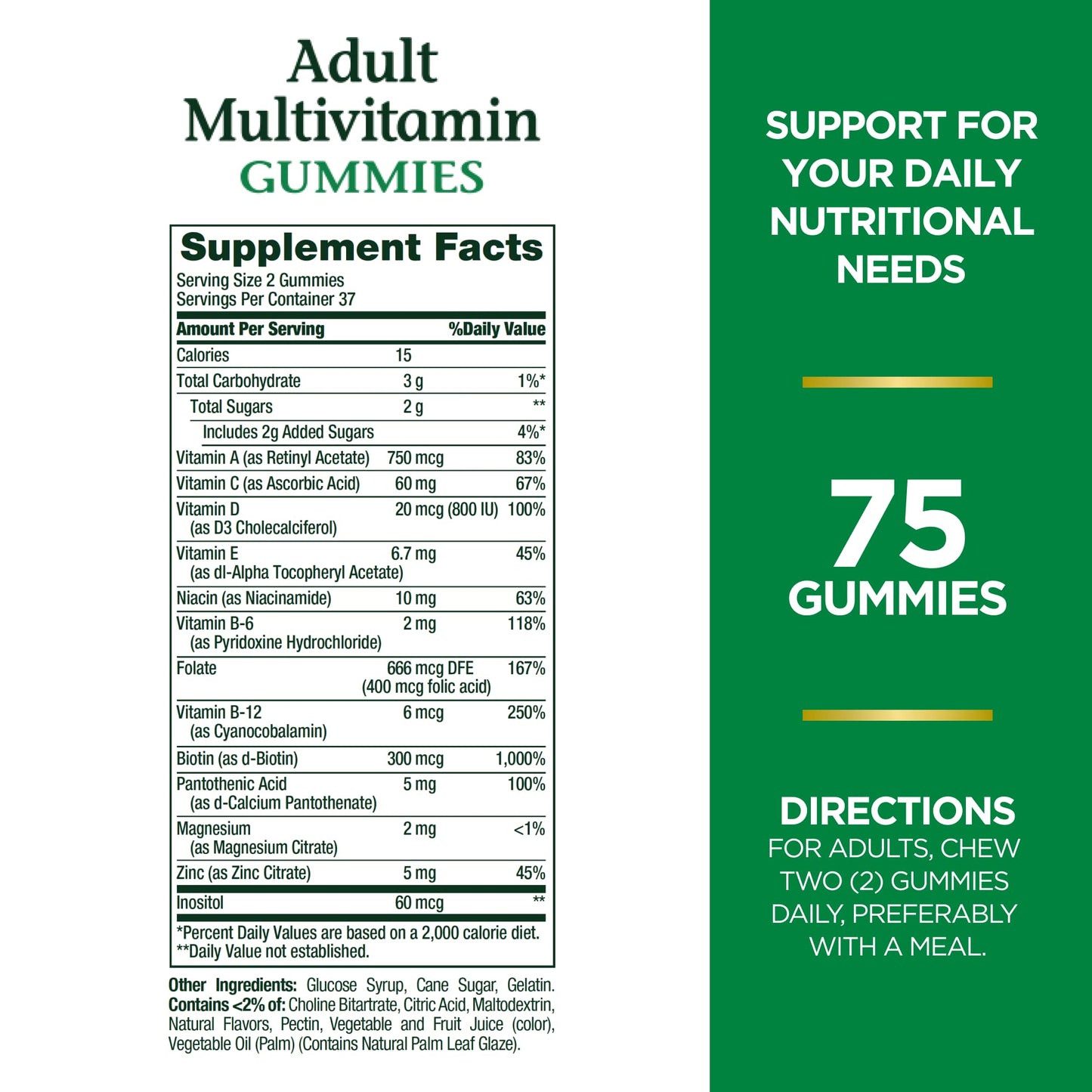 Información nutricional de las gomitas multivitamínicas para adultos