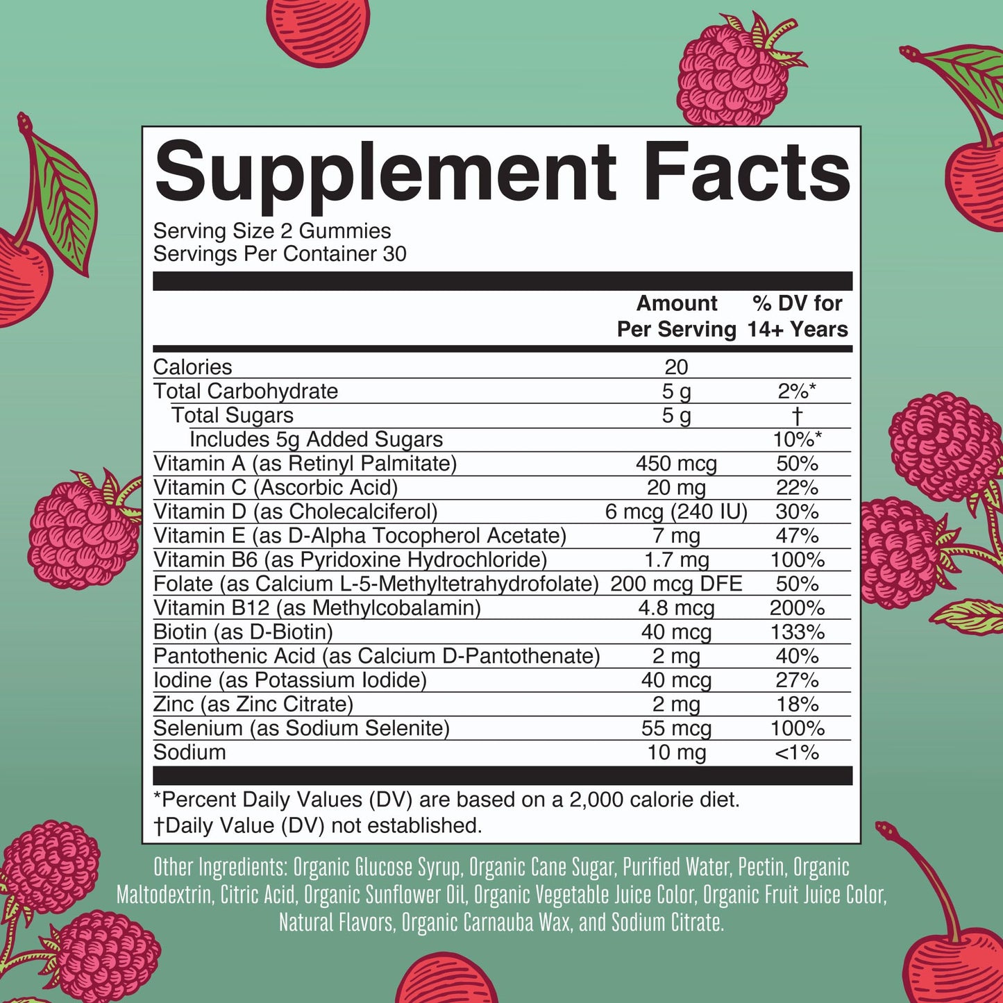 Información nutricional de gomitas multivitamínicas
