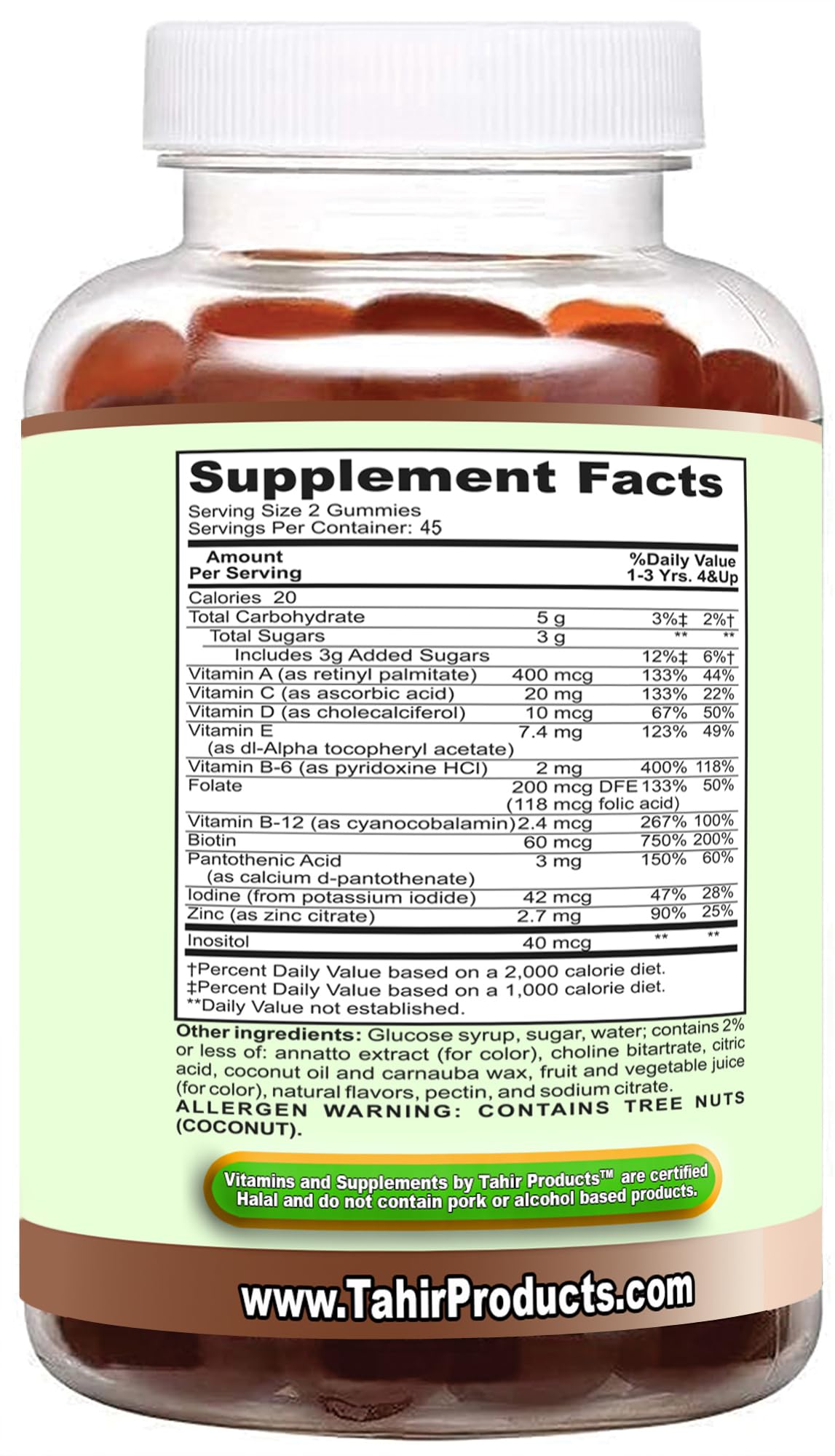 Información nutricional de las gomitas multivitamínicas Tahir