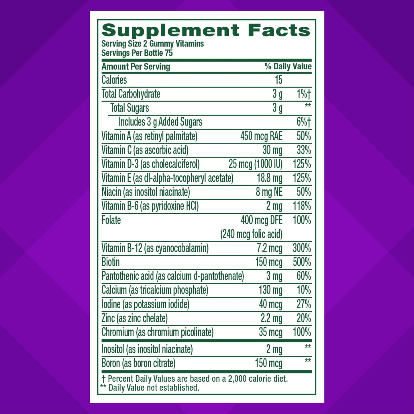 Información nutricional gomitas multivitamínicas Vitafusion