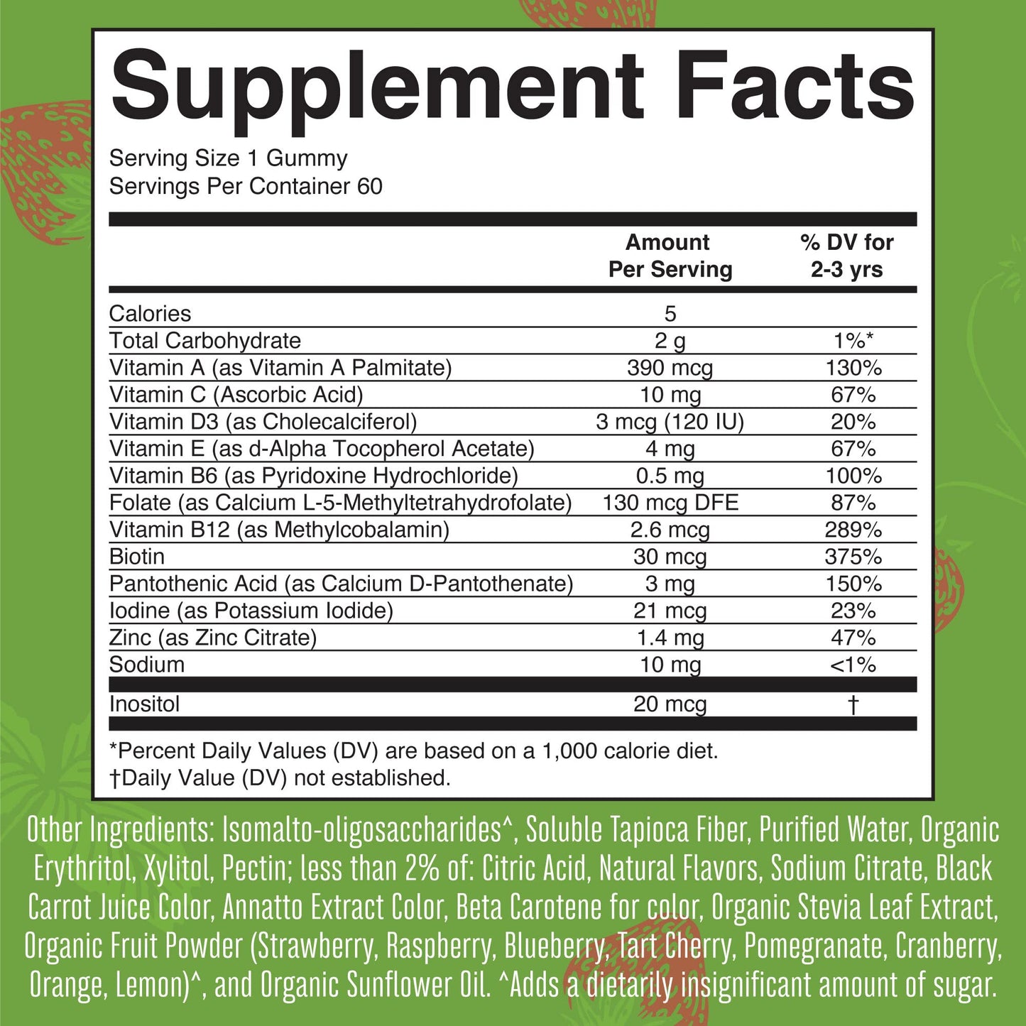 Información nutricional de las gomitas multivitamínicas sin azúcar.