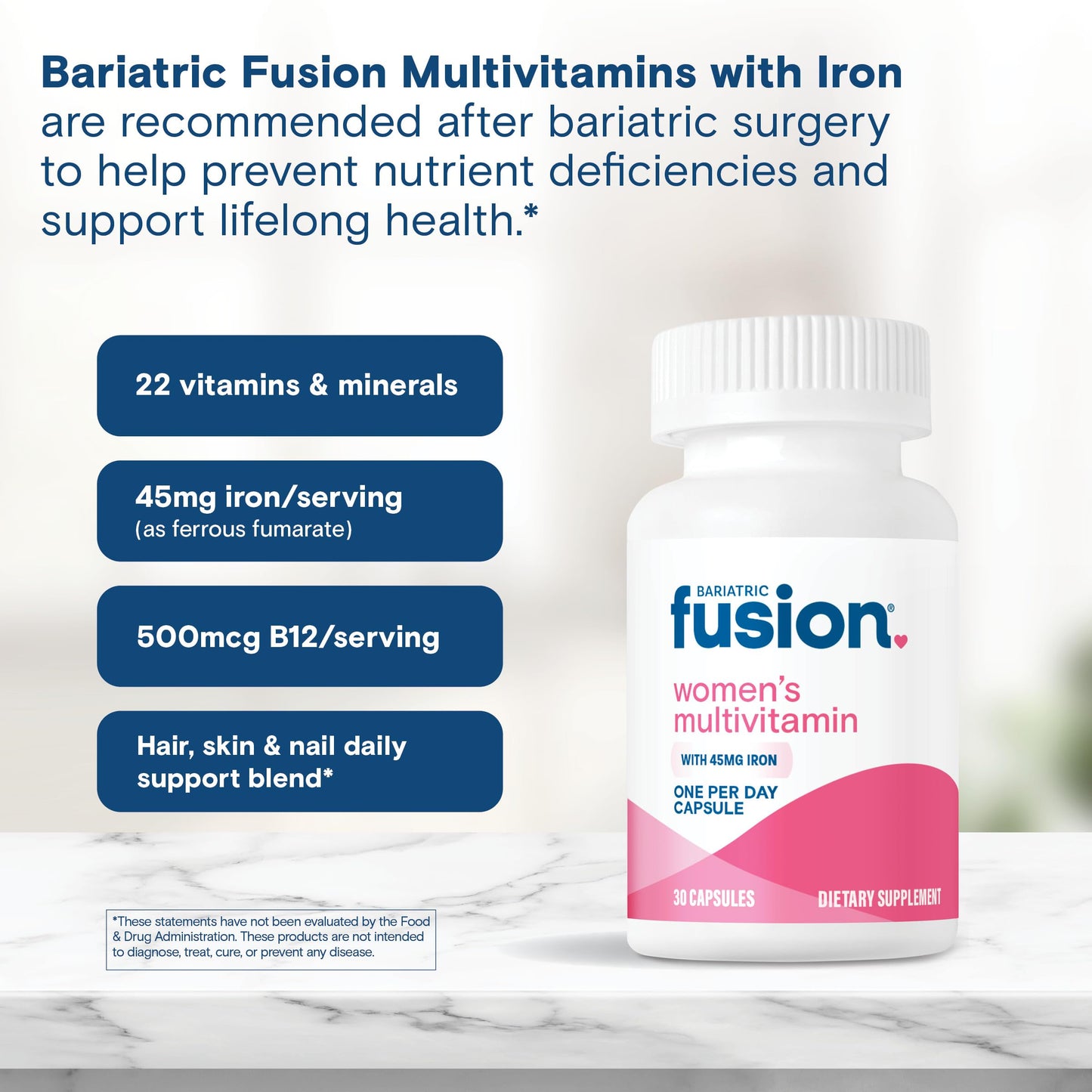 Información nutricional de la multivitamina Bariatric Fusion para mujeres.