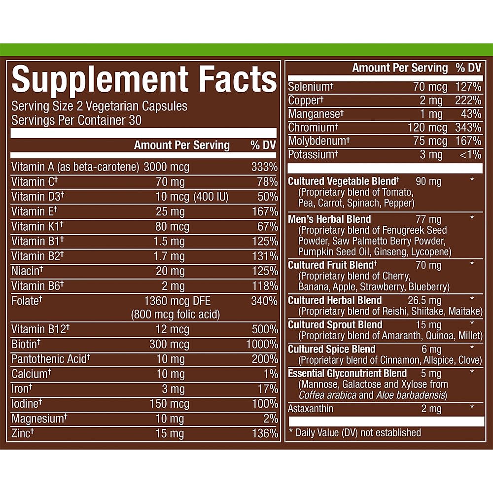 Información nutricional multivitaminas para hombres 50+.