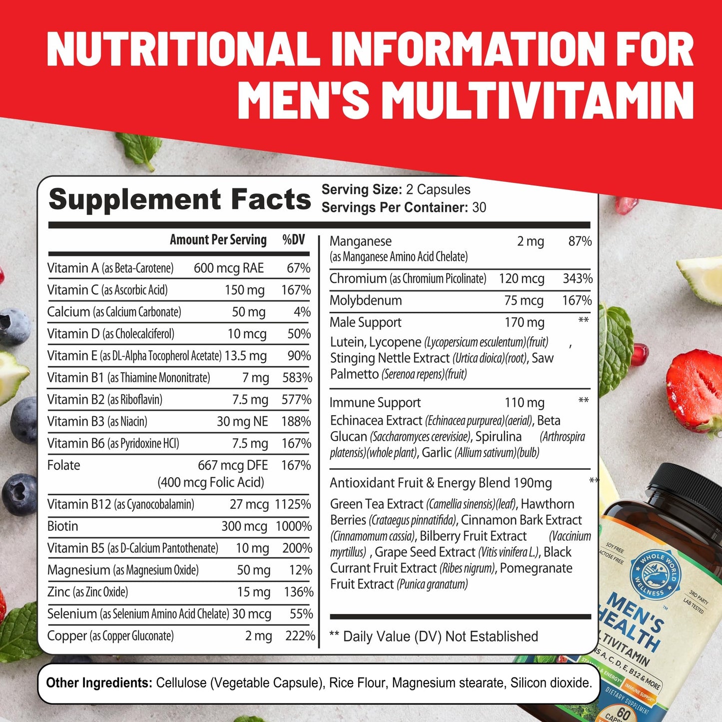 Información nutricional para multivitaminas de hombres