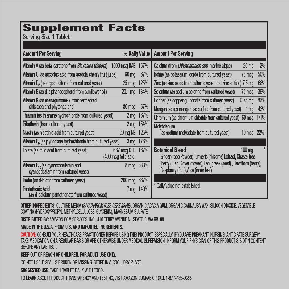 etiqueta de información nutricional de multivitaminas amazon elements