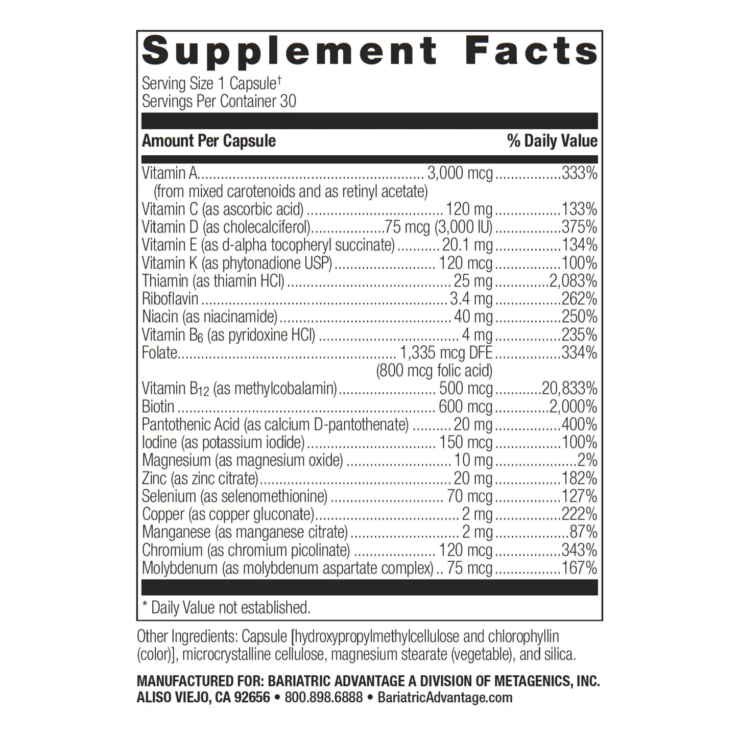 Información nutricional del multivitamínico para pacientes bariátricos