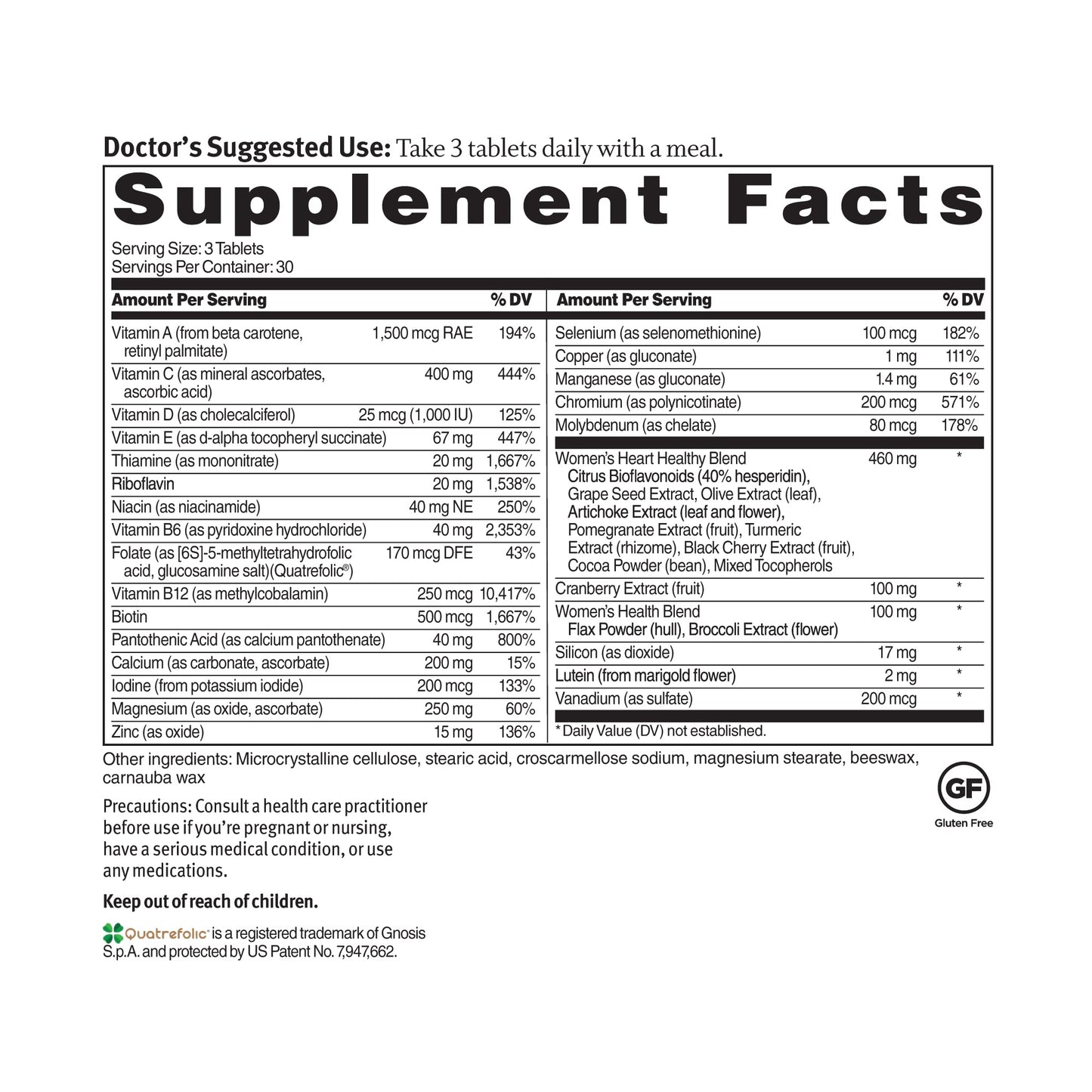 Información nutricional del multivitamínico Dr. Sinatra.
