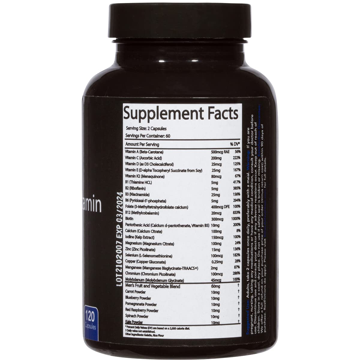 Información nutricional del multivitamínico para hombres