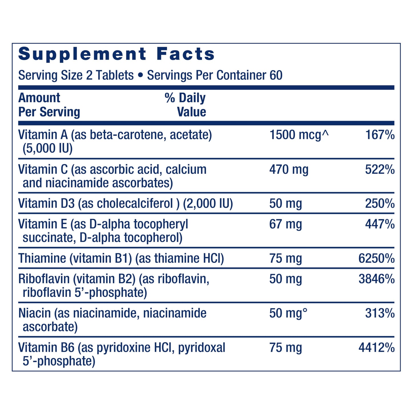 Información nutricional del multivitamínico Life Extension