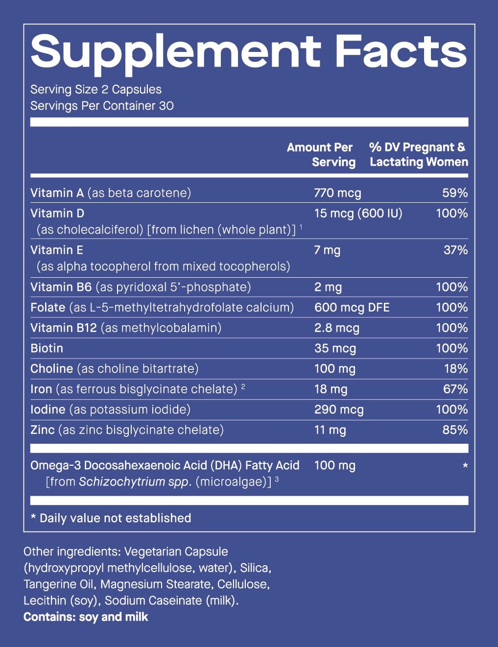 Información nutricional multivitamínico Modern Fertility