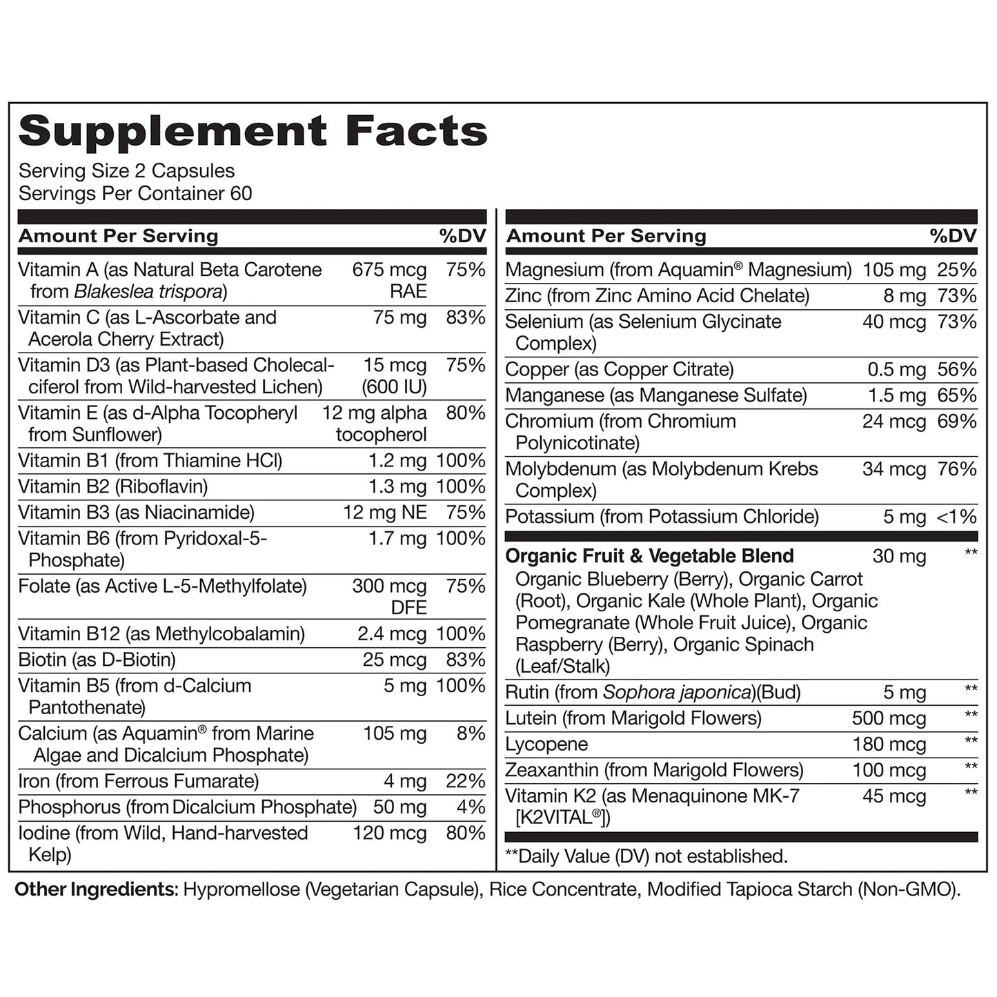 Información nutricional del multivitamínico Naturelo para adolescentes.
