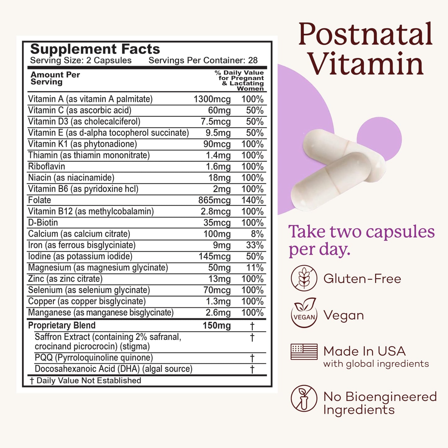 Información nutricional del multivitamínico Premama