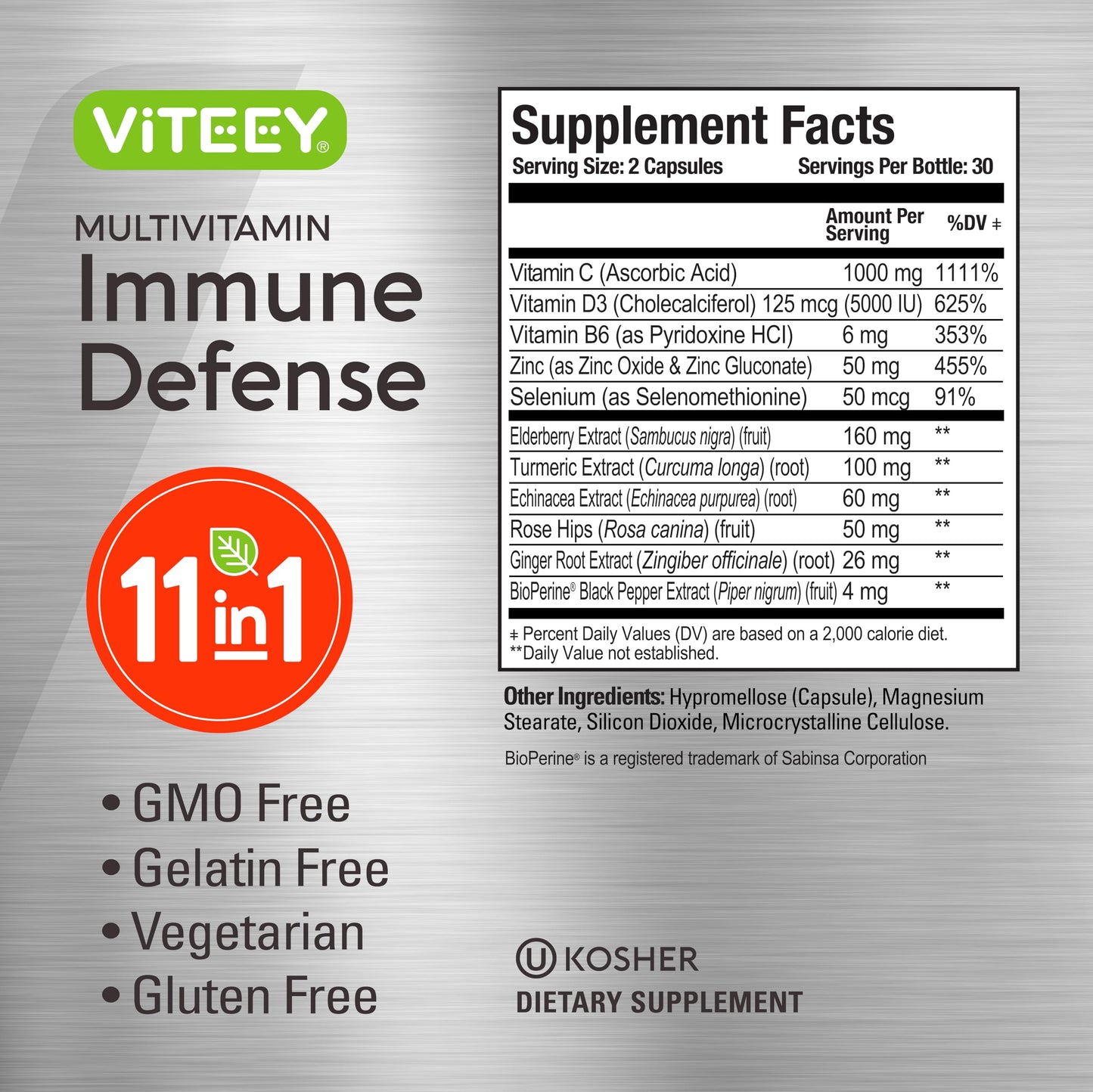 Información nutricional del multivitamínico Viteey 11 en 1.