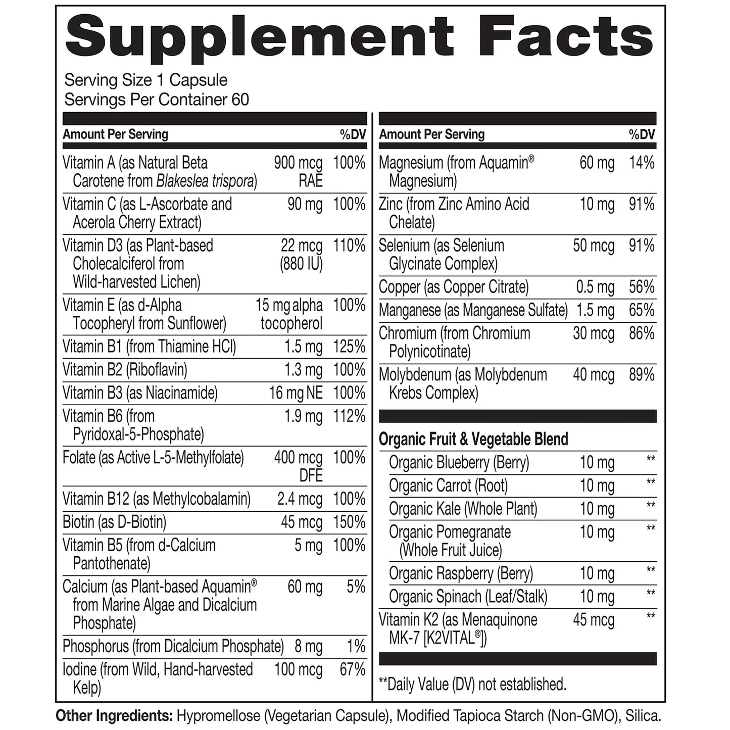 Información nutricional multivitaminas NATURELO, sin soya y sin GMO