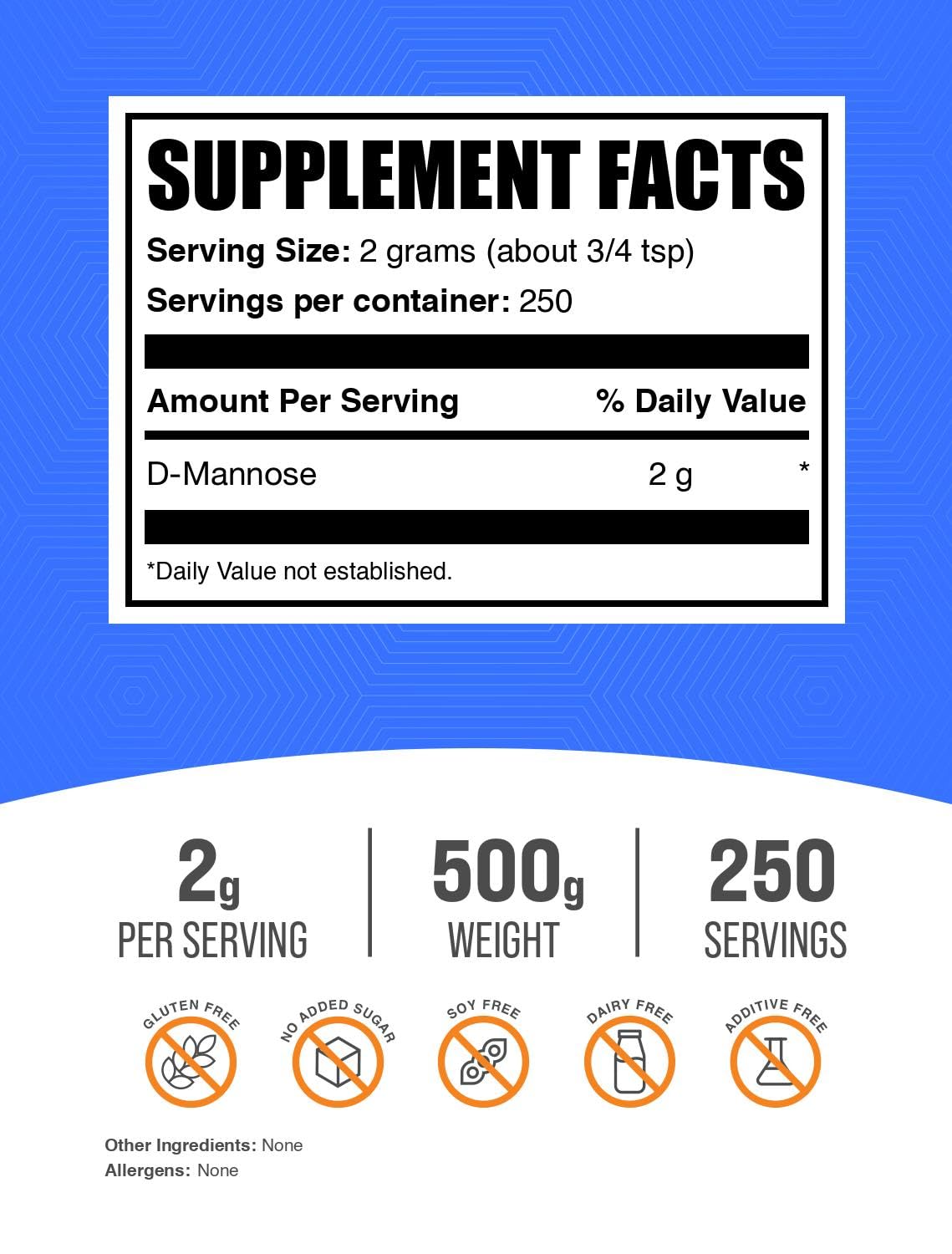 Información nutricional de polvo de D-Manosa BulkSupplements.
