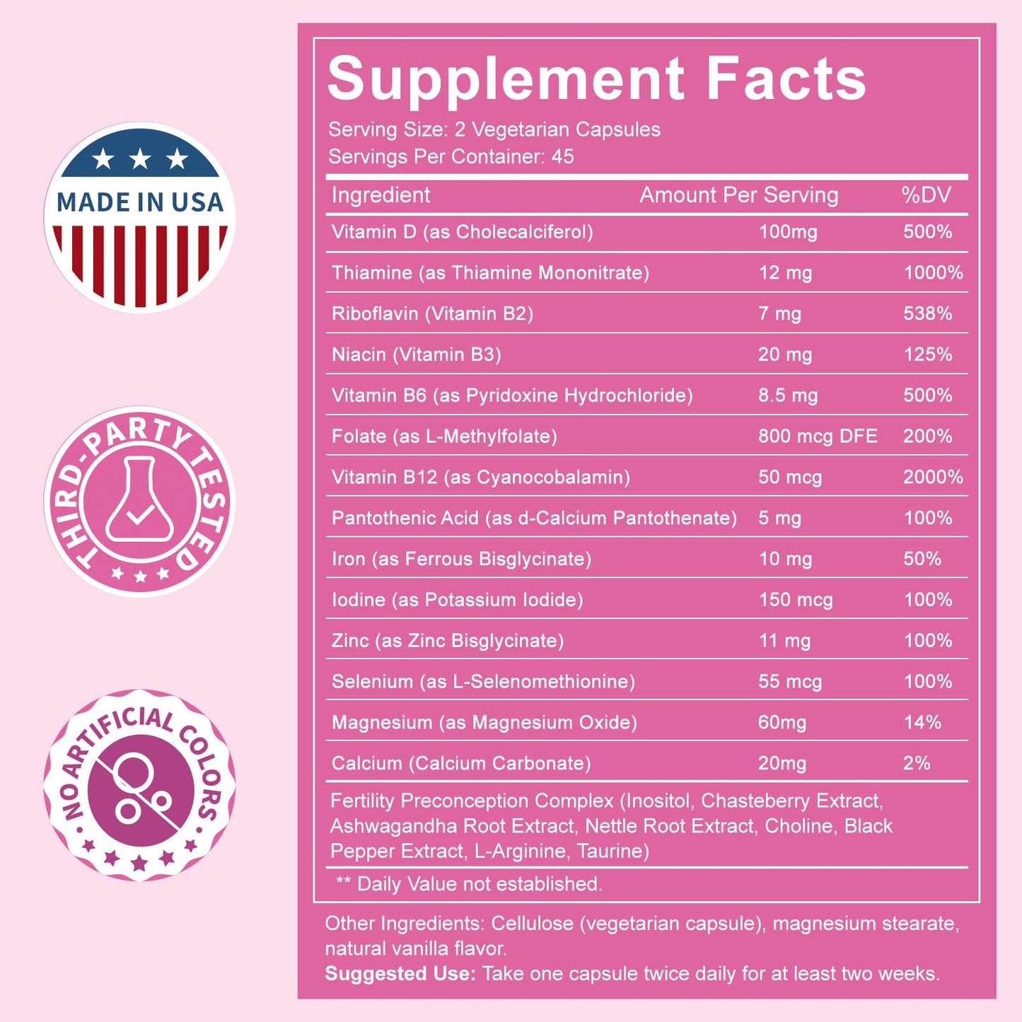 Información nutricional suplemento concepción para mujeres