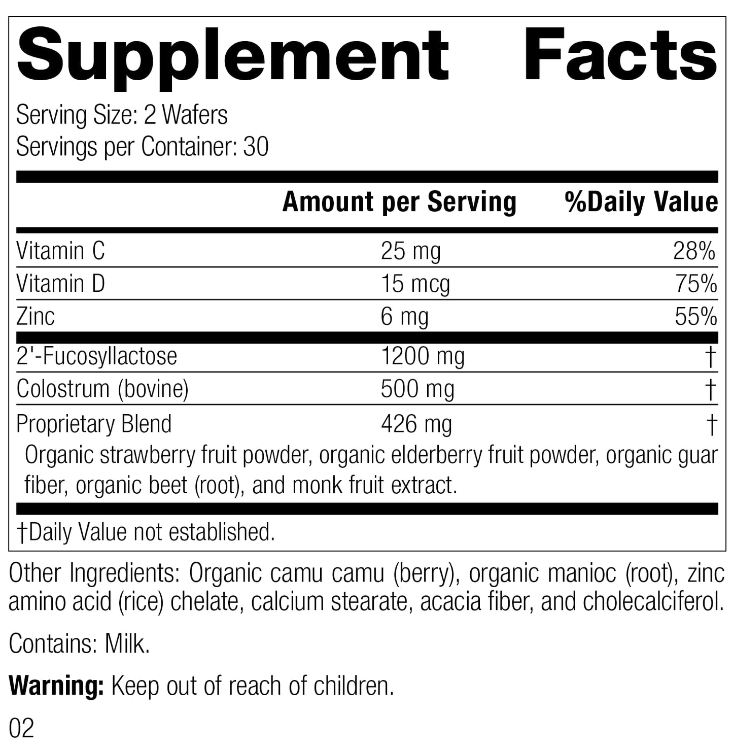 Información nutricional del suplemento inmune para niños de Standard Process.