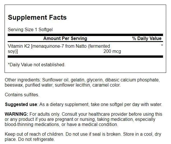 Información nutricional del suplemento Swanson K2