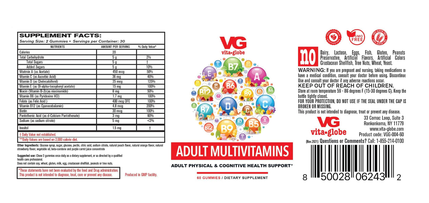 Información nutricional de las gominolas multivitamínicas VITA GLOBE.