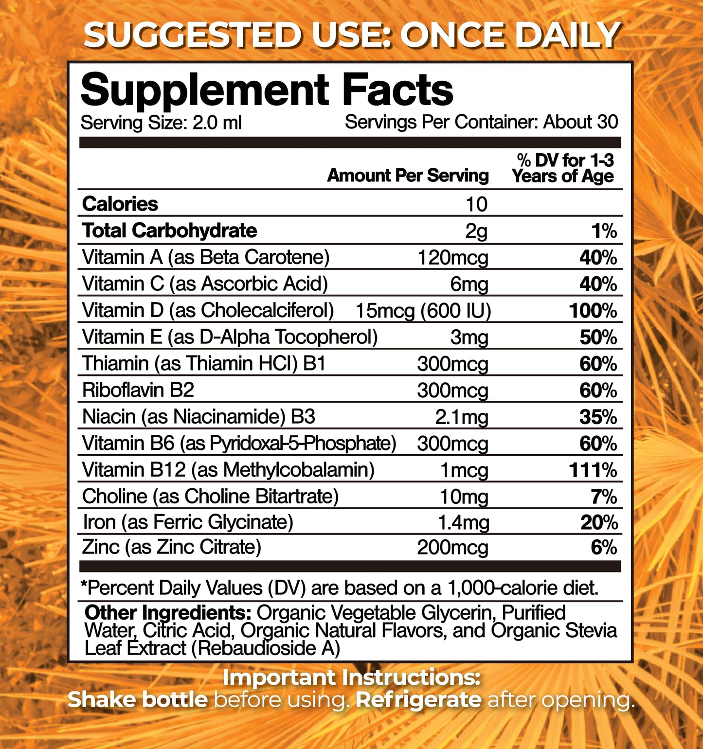 Informacion nutricional de vitaminas liquidas organicas para niños
