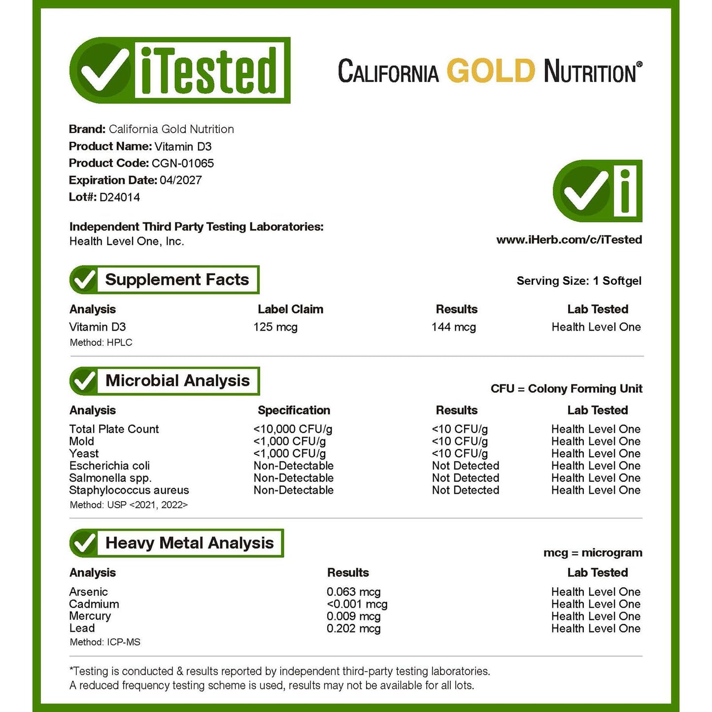 Información suplementaria California Gold Nutrition D3