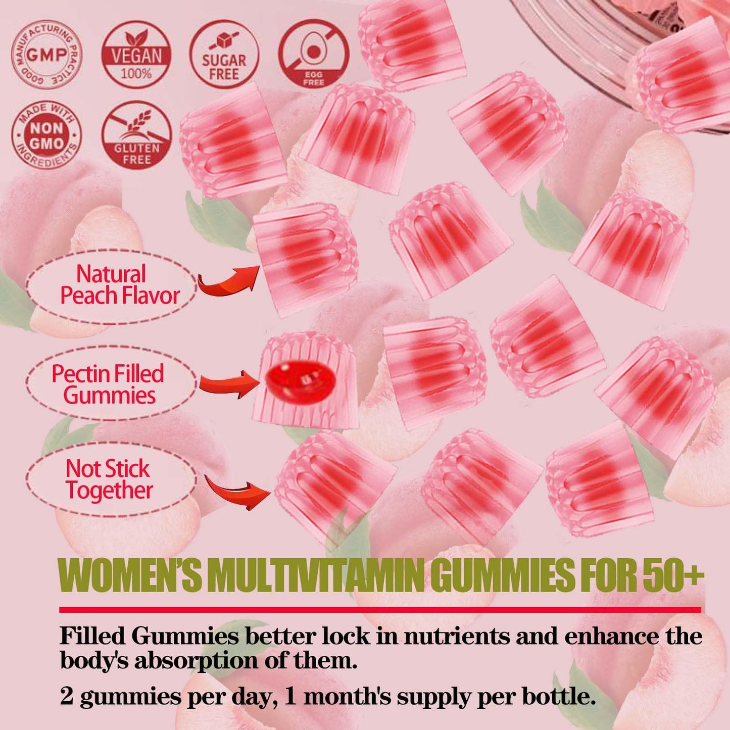 Información suplementaria de gomitas multivitamínicas para mujeres 50+