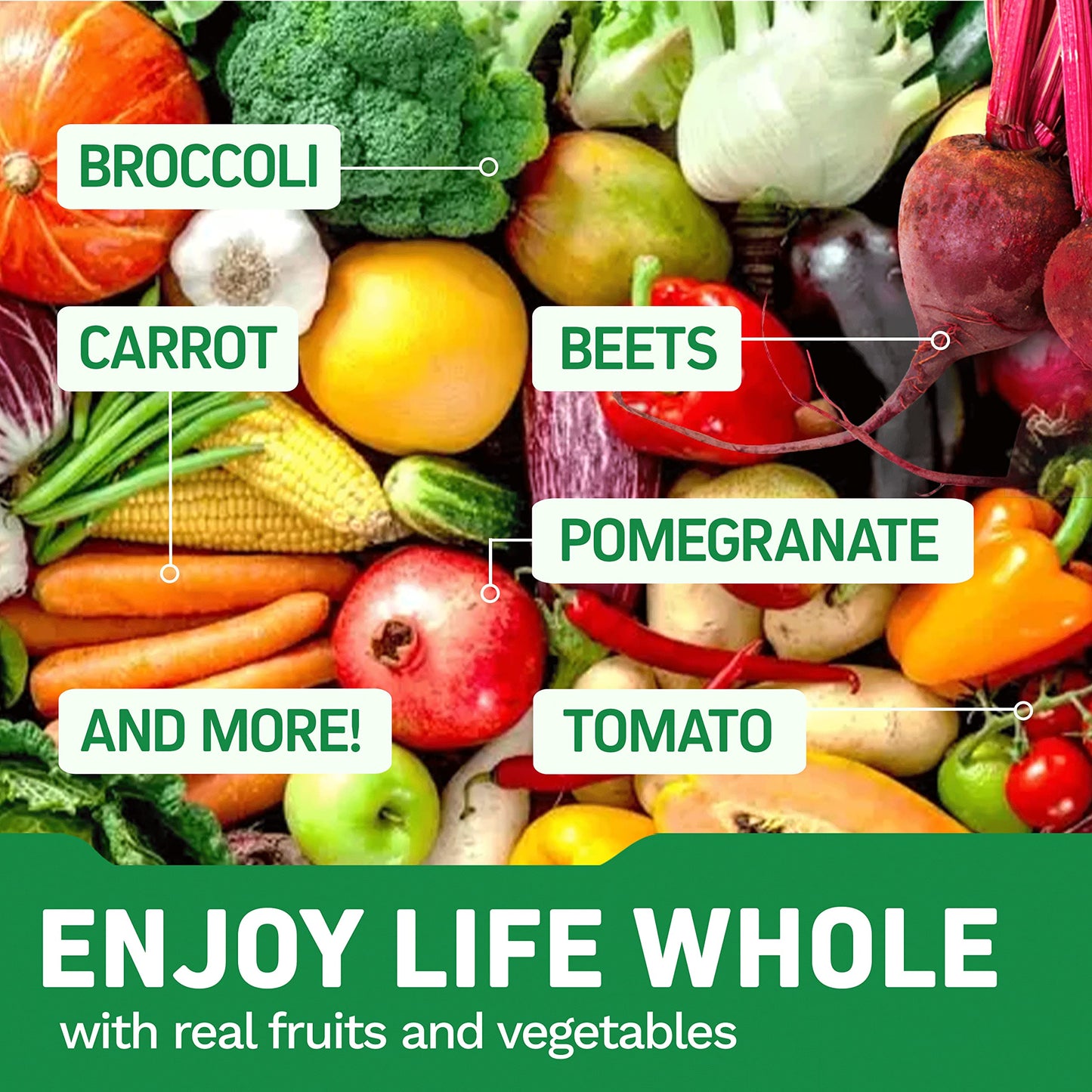 Ingredientes de frutas y verduras reales en el multivitamínico
