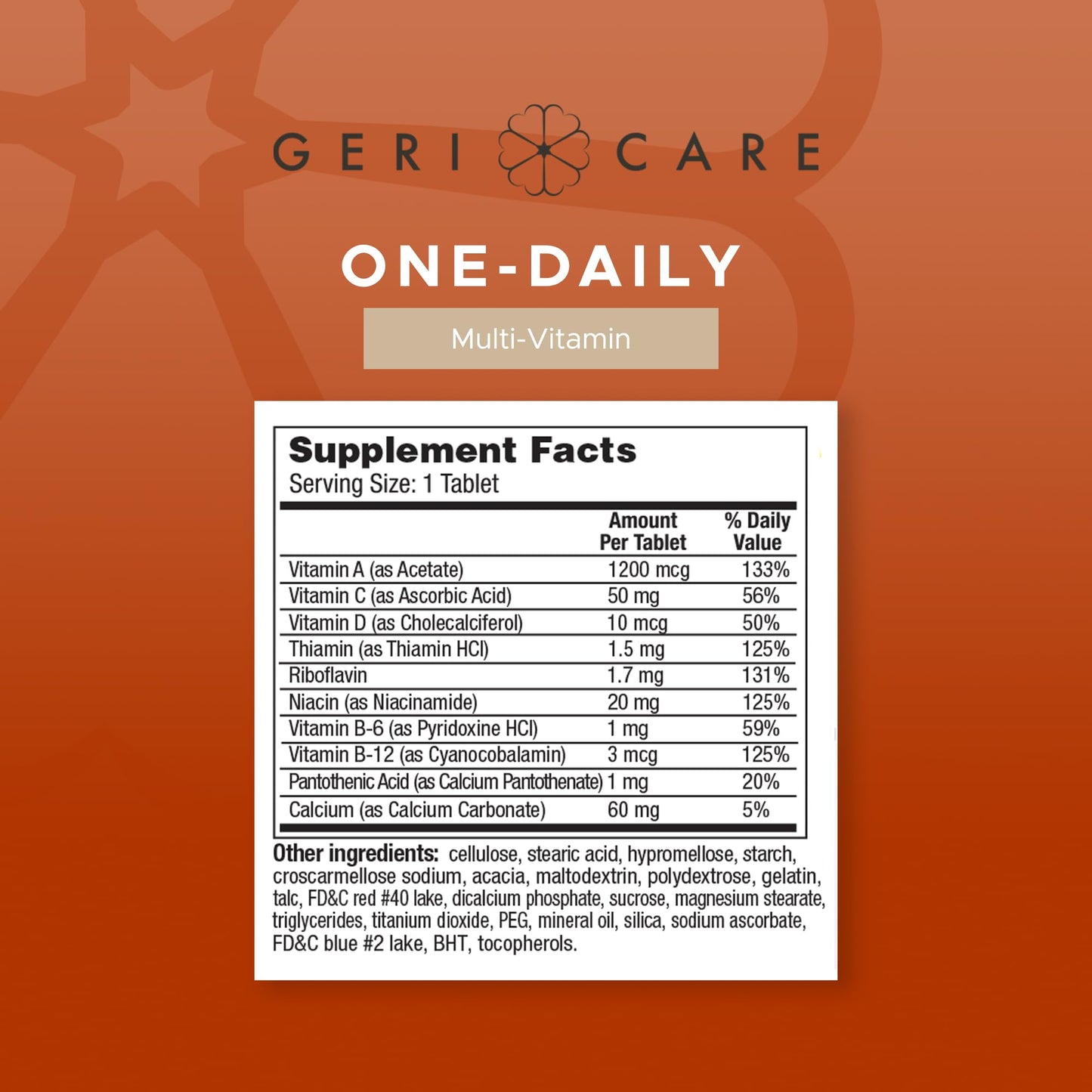 Detalles de ingredientes del suplemento Gericare multivitamínico diario.