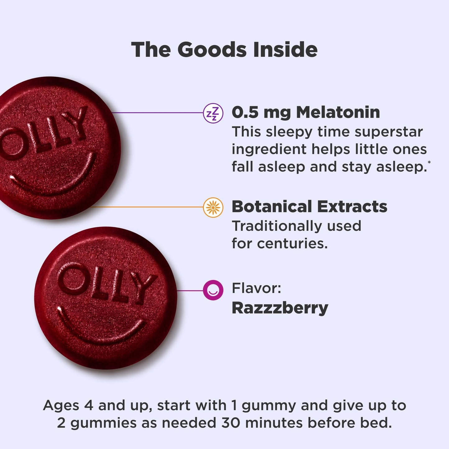 Ingredientes de las gomitas para dormir OLLY, melatonina y botánicos