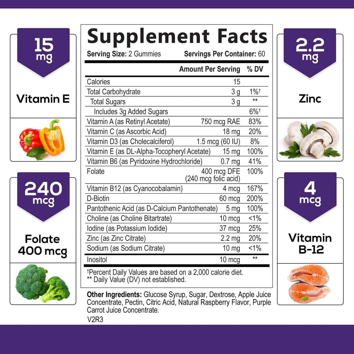 Ingredientes de las gomitas multivitamínicas Nature's Choice.