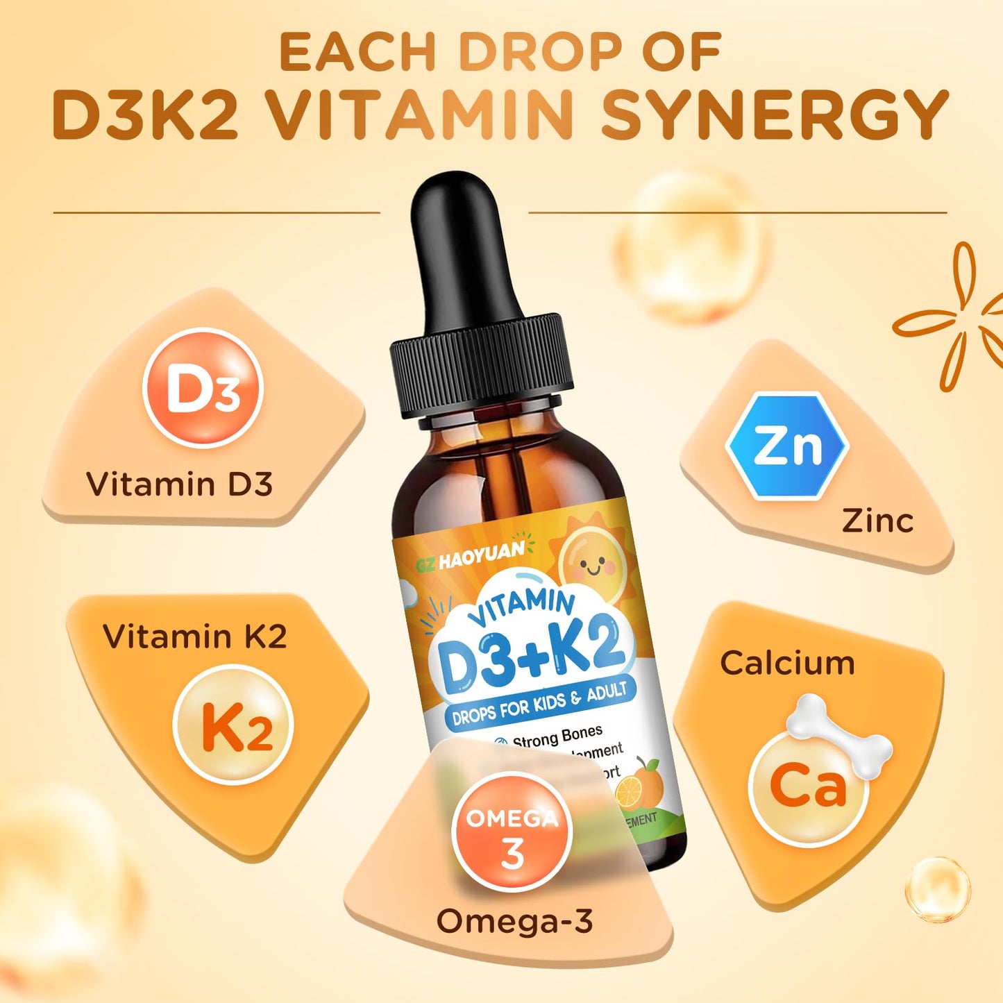 Gotas líquidas de vitamina D3 K2 con ingredientes para niños